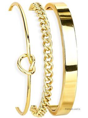 Dainty 14K Gold Cuban Forever Love Knot Bangle Cuff Bracelet Set